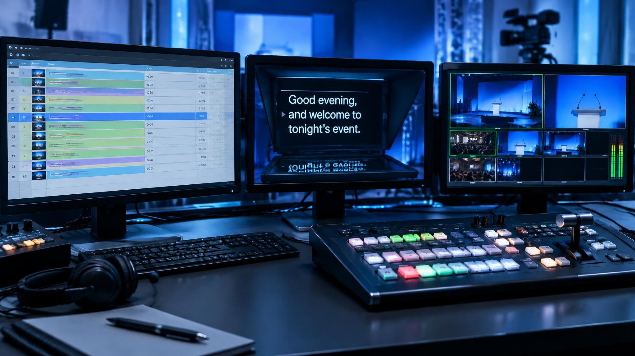 Rundown script on a monitor next to a live production mixer