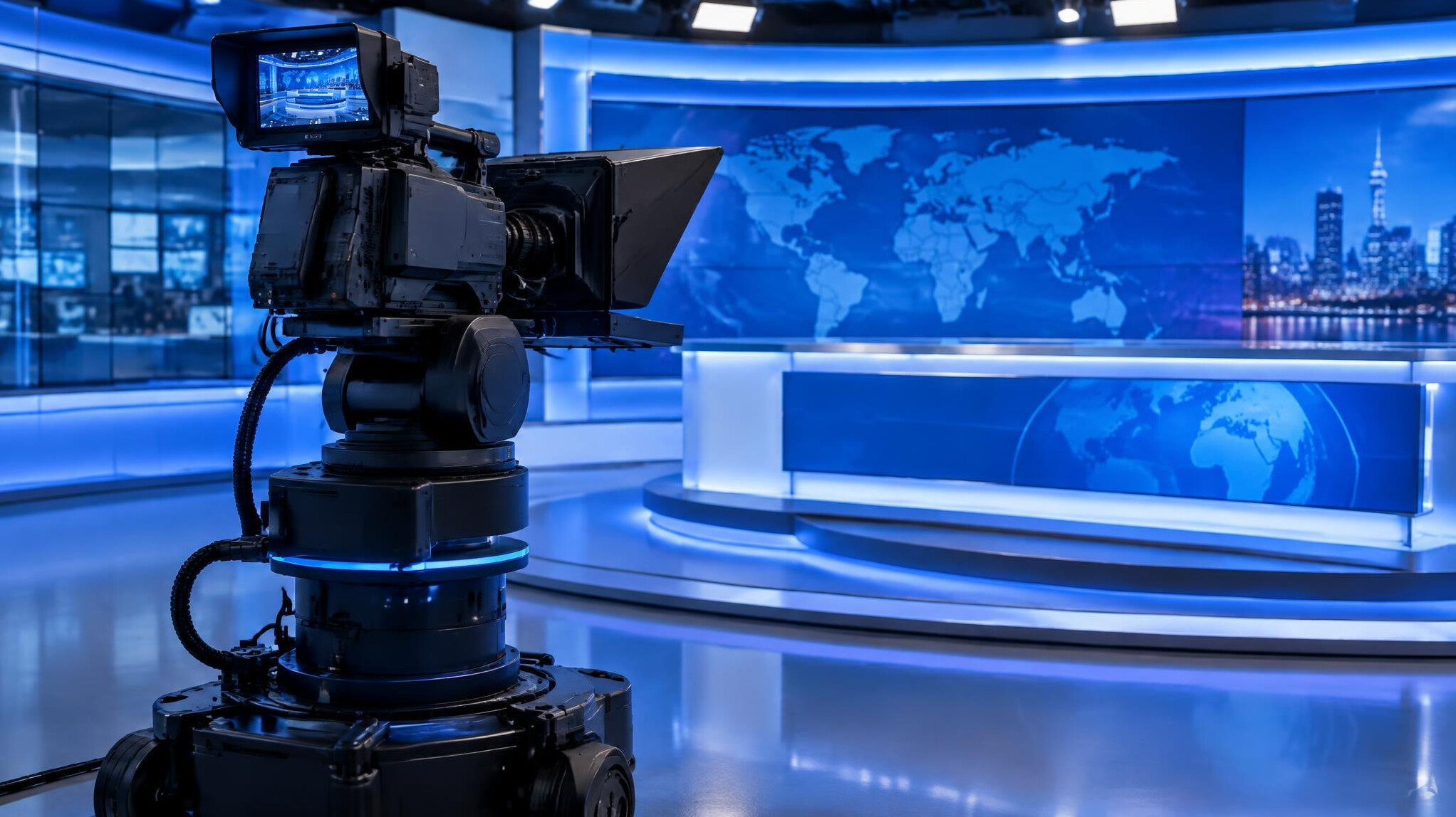 Studio camera on a robotic pedestal in a news studio
