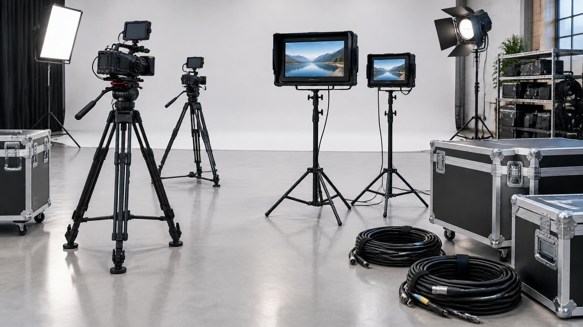 Studio equipment being set up with tripods, monitors and cables