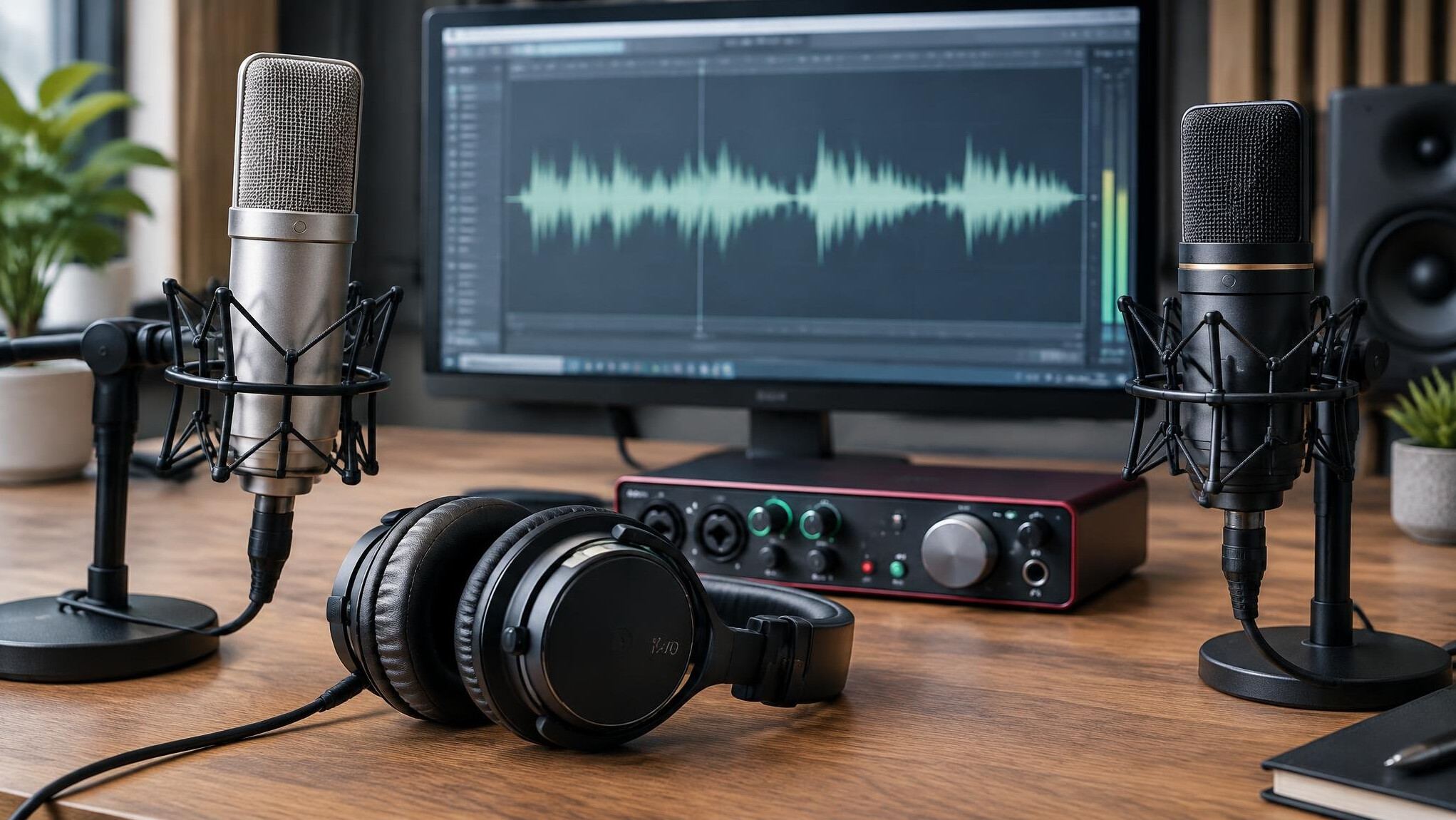 Studio microphones, headphones and audio interface on a desk